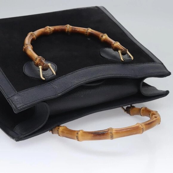 GUCCI Bamboo Hand Bag Suede Leather Navy Auth - Picture 10 of 16